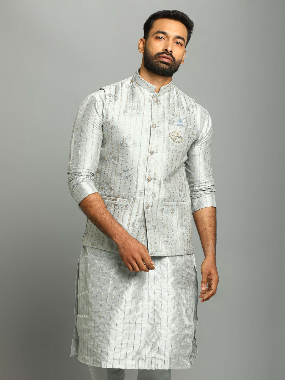 Ice Grey Kurta Pyjama Bandi Set