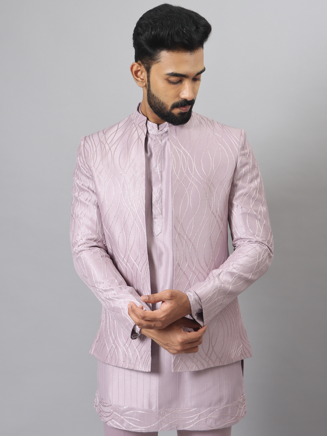 Lavender Spiral Shiny Bandgala Kurta Set