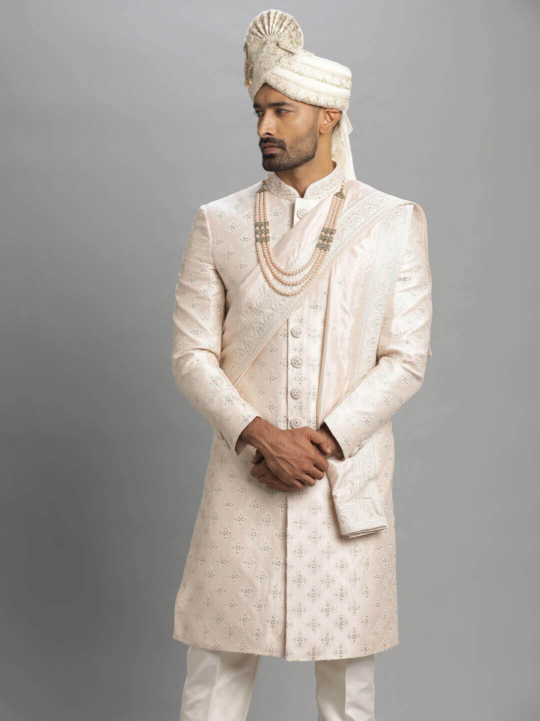 displaying image of Light Pink Embroidered Groom Sherwani