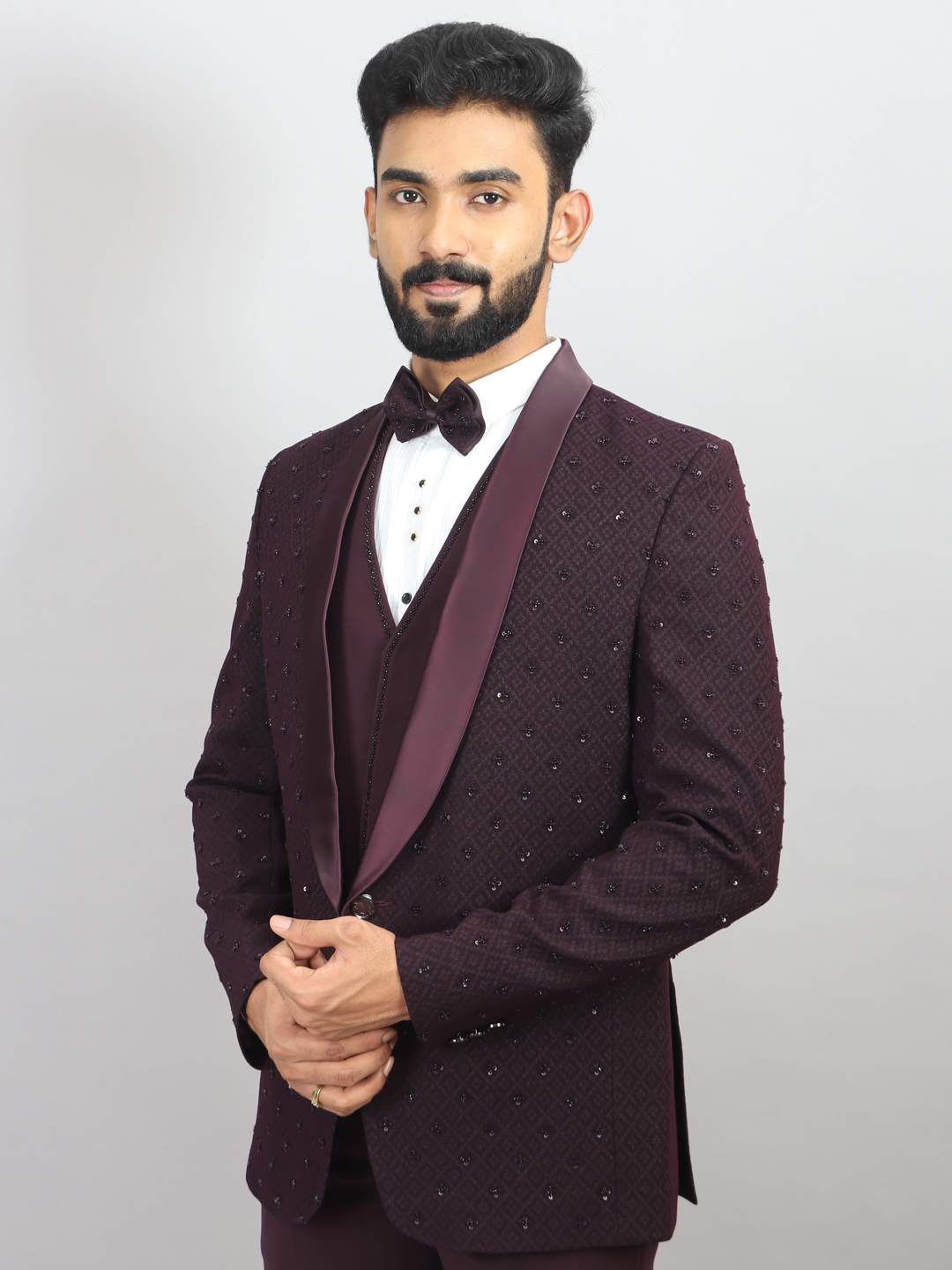 Maroon Jacquard Small Embellished All Over 3 Piece Suit