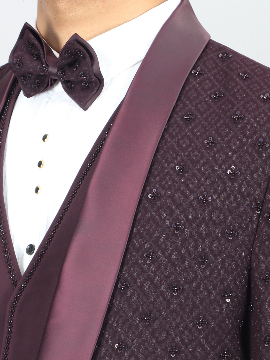 Maroon Jacquard Small Embellished All Over 3 Piece Suit