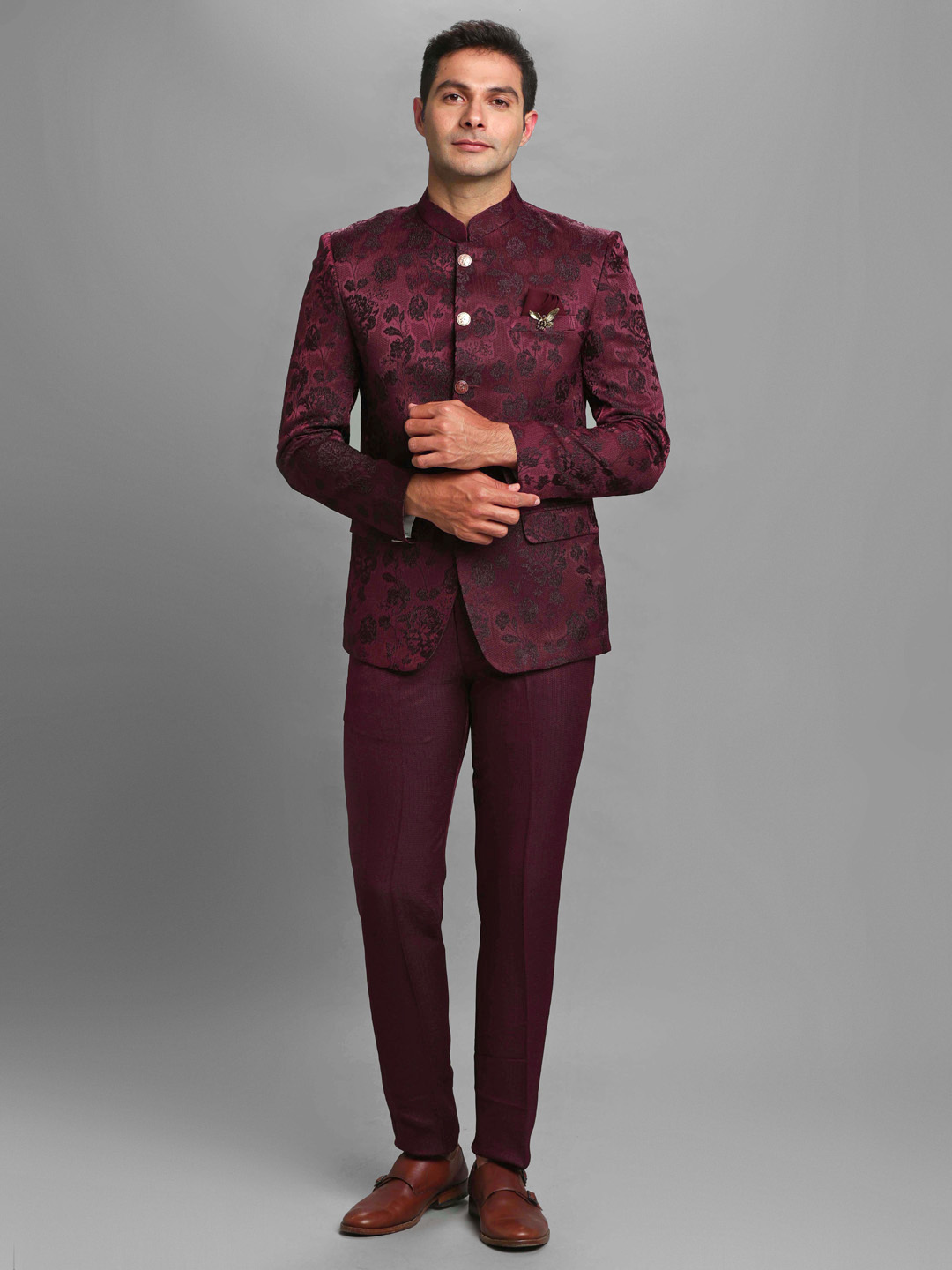 Rent/Buy Maroon Jaquard Italy Shiny Floral Jodhpuri Home Trial Free