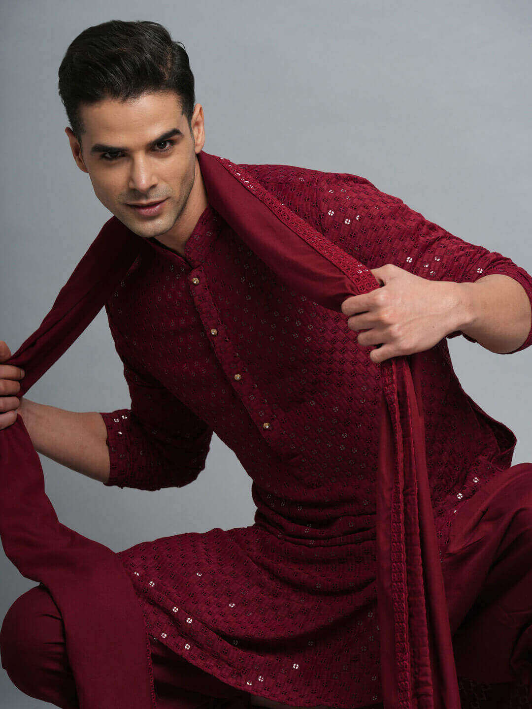 displaying image of Maroon Kurta Pyjama Dupatta Set