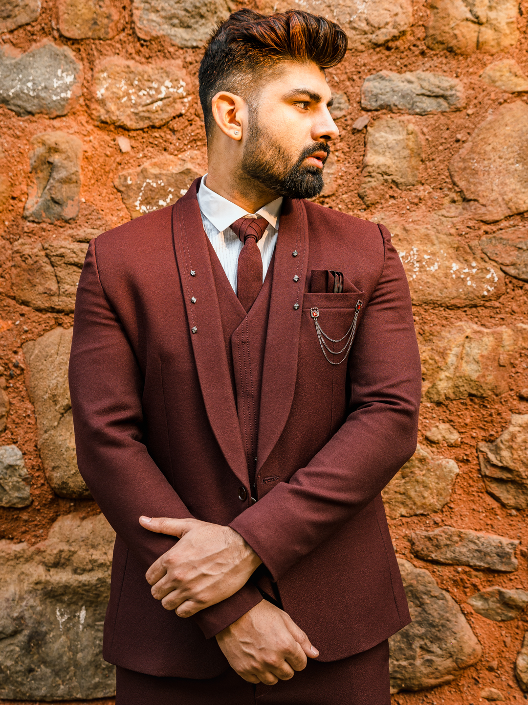 Maroon Lapel Saddle Pin 3 Piece Suit