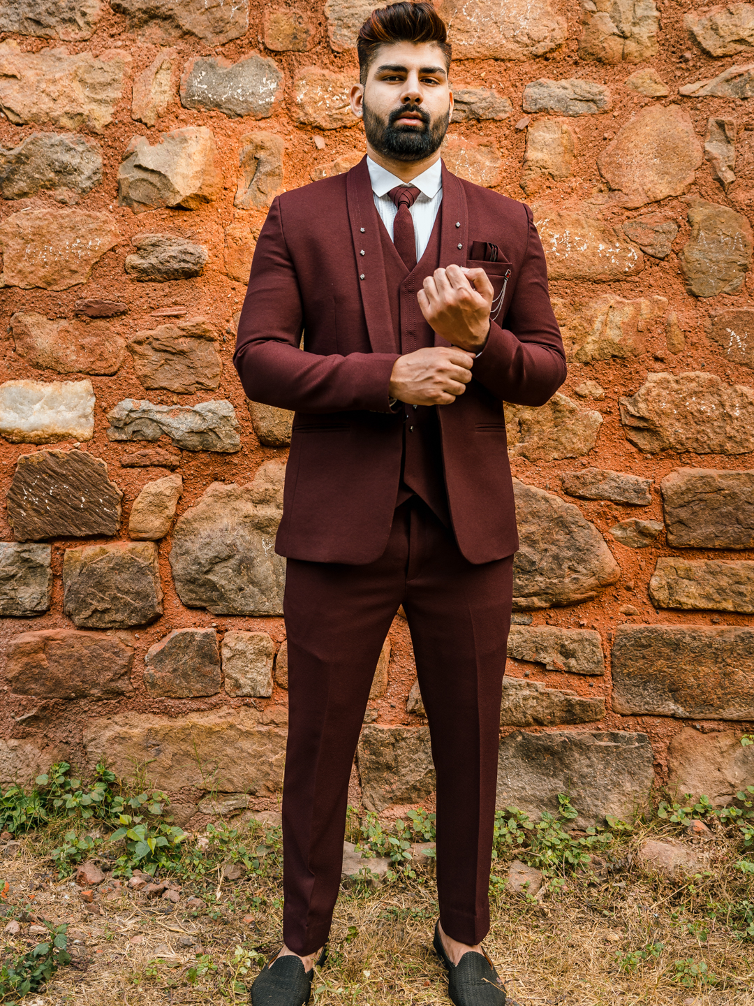 Maroon Lapel Saddle Pin 3 Piece Suit