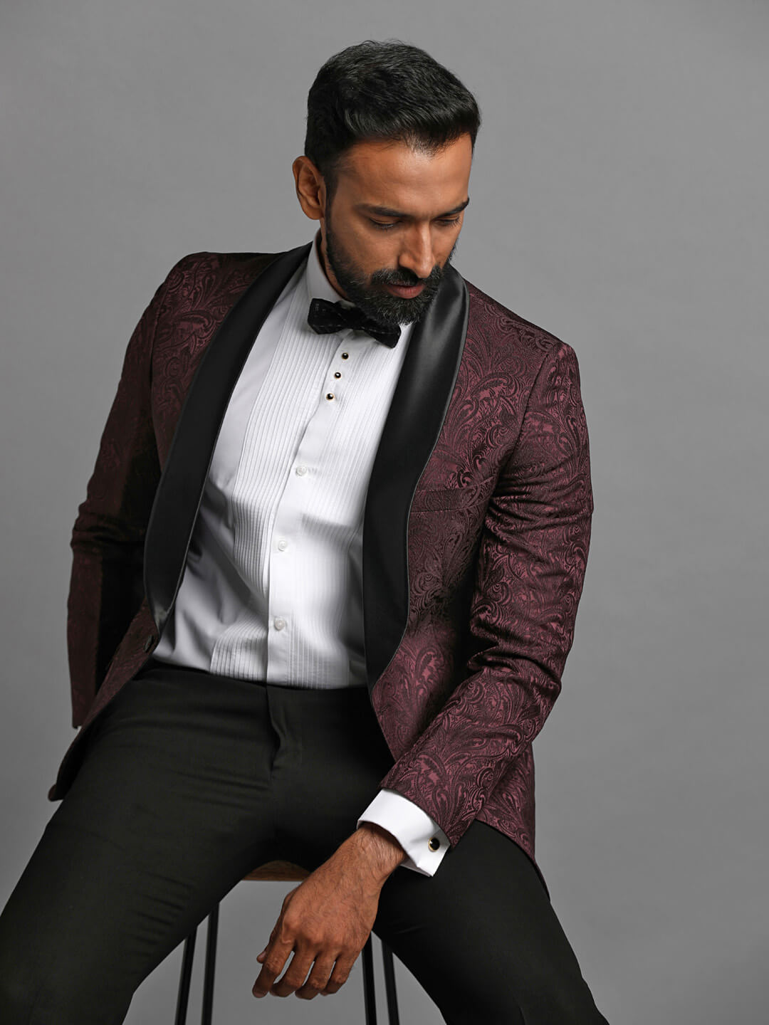 Maroon Print Paisley Work Tux