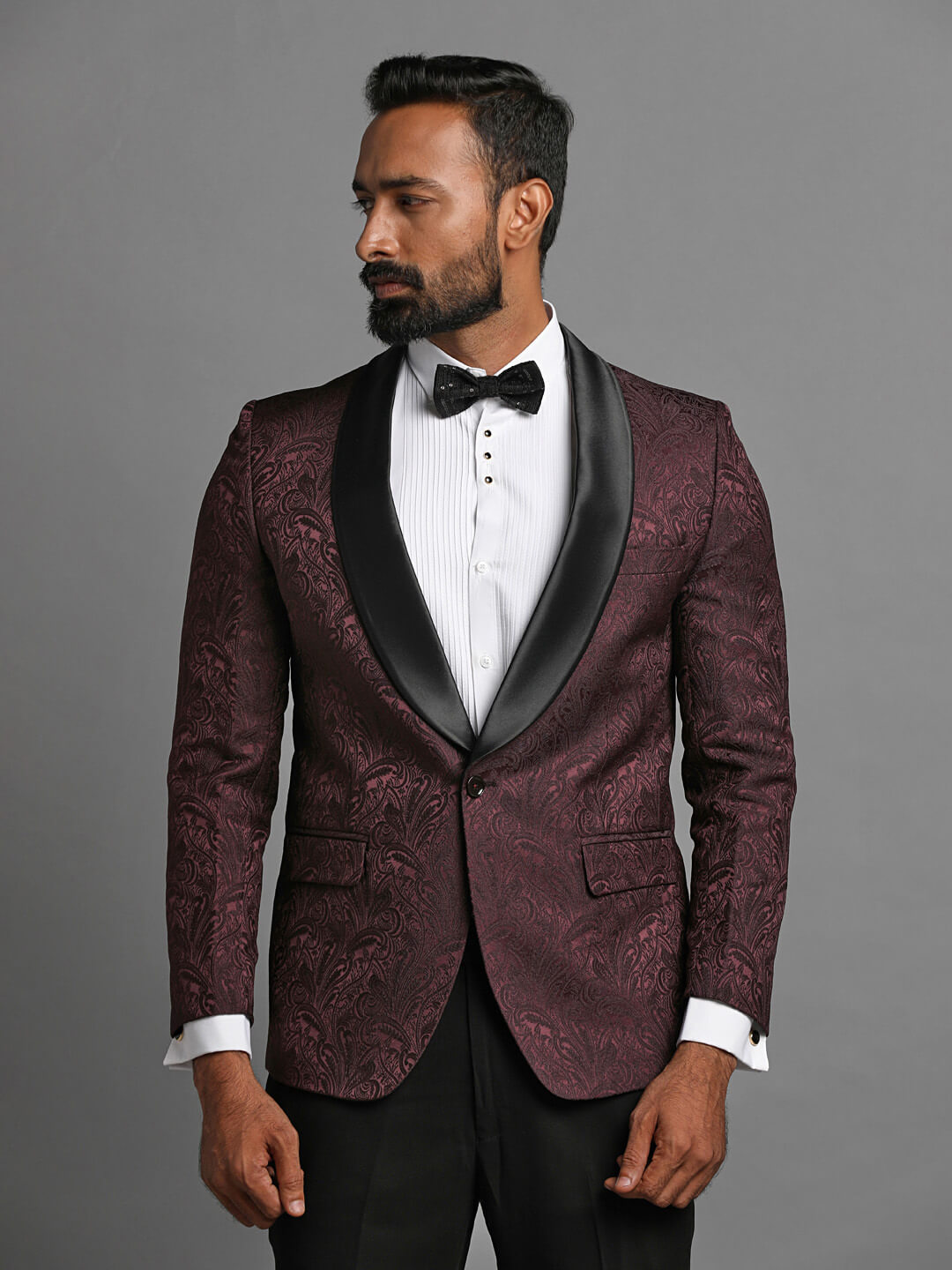 Maroon Print Paisley Work Tux