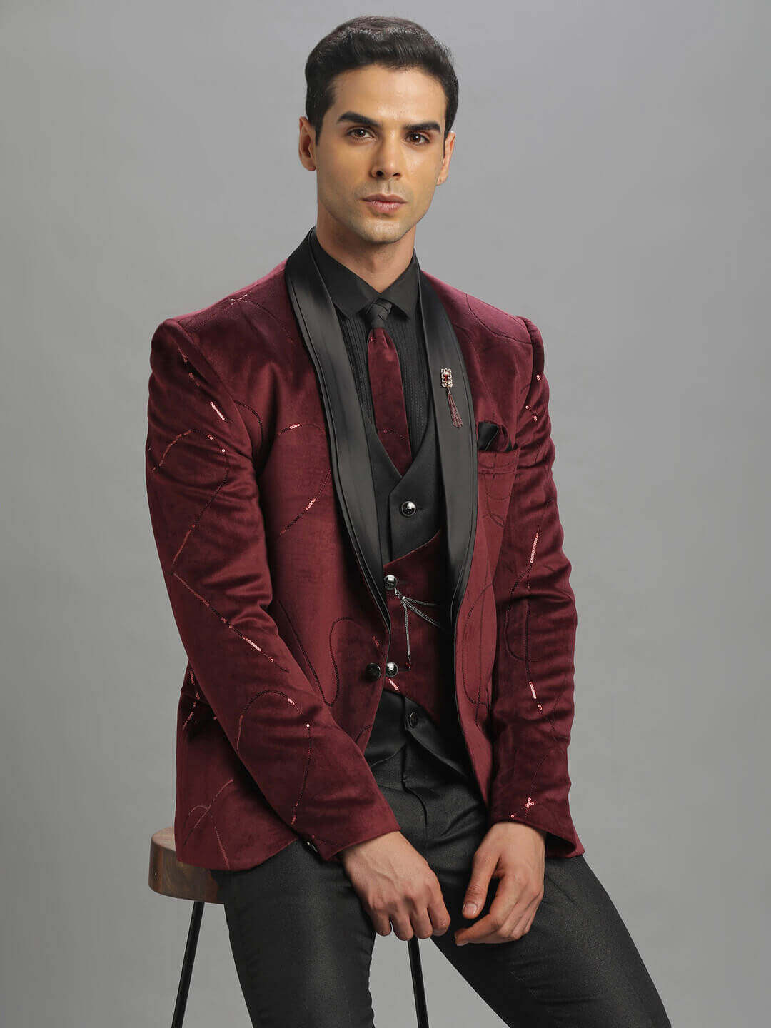 Maroon Velvet Spiral Embroidered 3 Piece Tuxedo