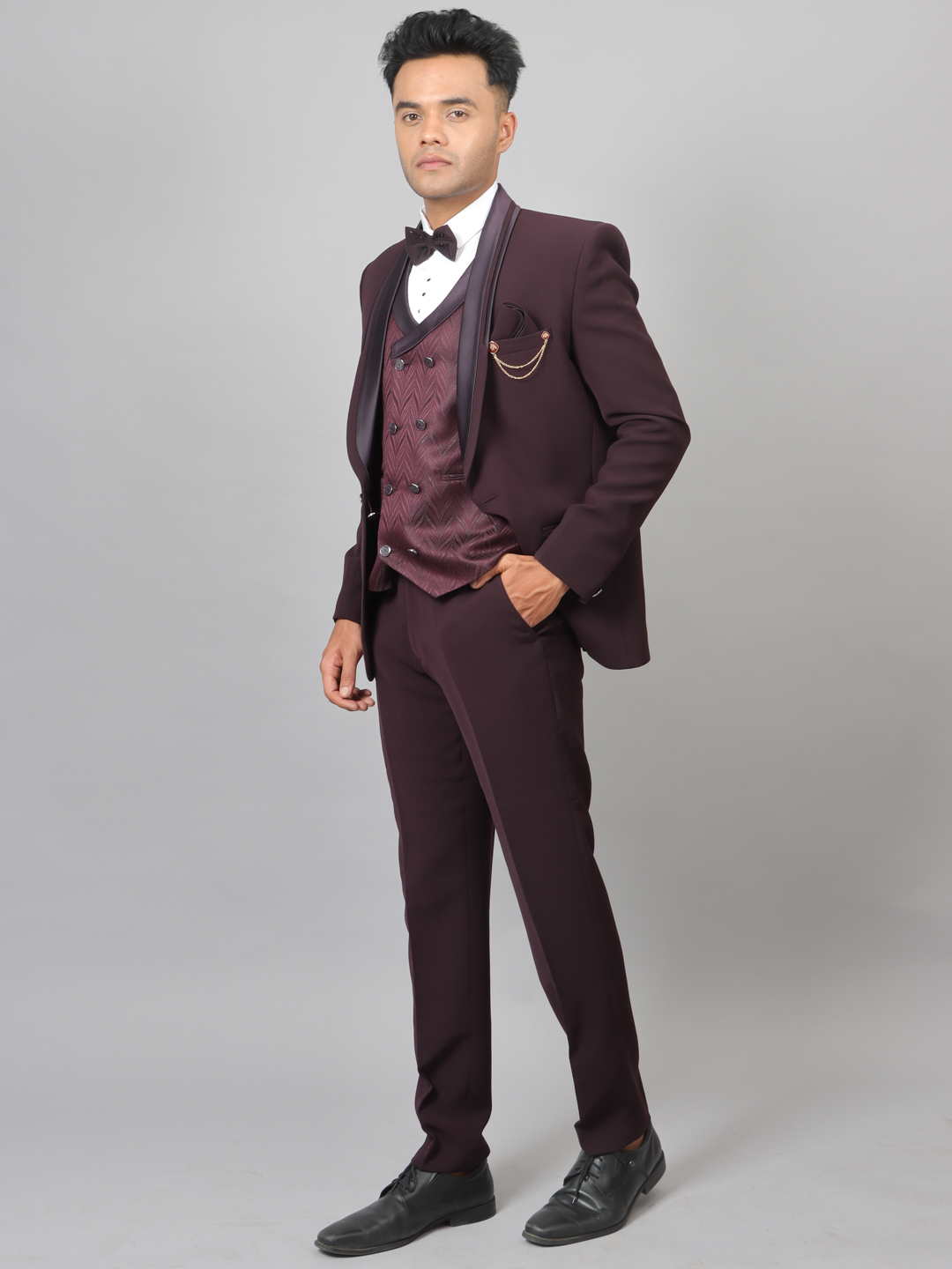 displaying image of Maroon Waves Jacquard 3 Piece Suit