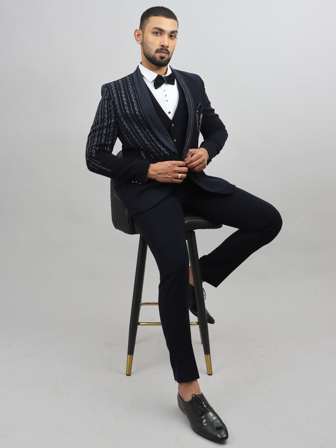 Navy Blue Left Shoulder Heavy Leafy work 3 Piece Suit