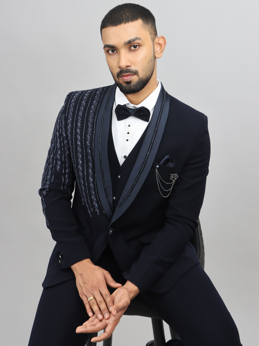 Navy Blue Left Shoulder Heavy Leafy work 3 Piece Suit