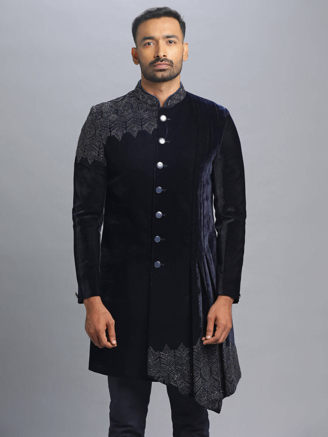 displaying image of Navy blue Velvet Designer Special Sherwani