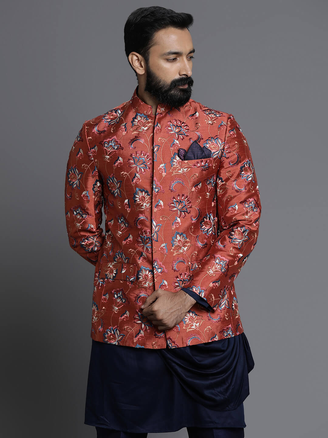 displaying image of Orange Embroidered Jodhpuri
