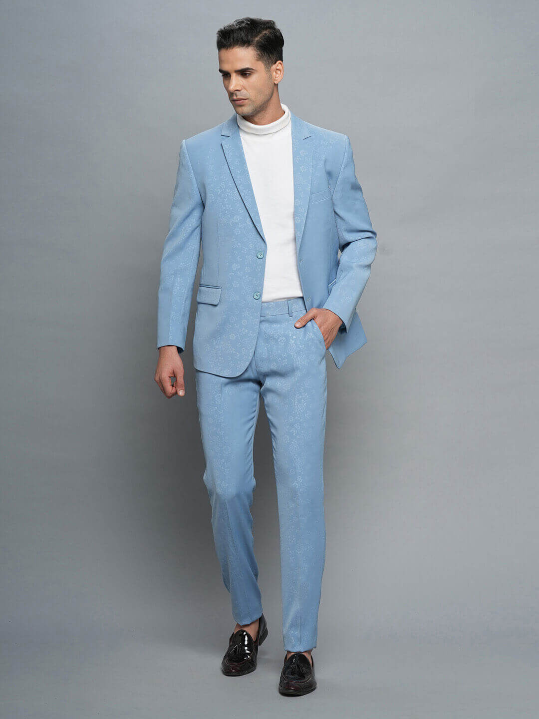 Candidmen: Pastel Blue Floral Print Full Suit