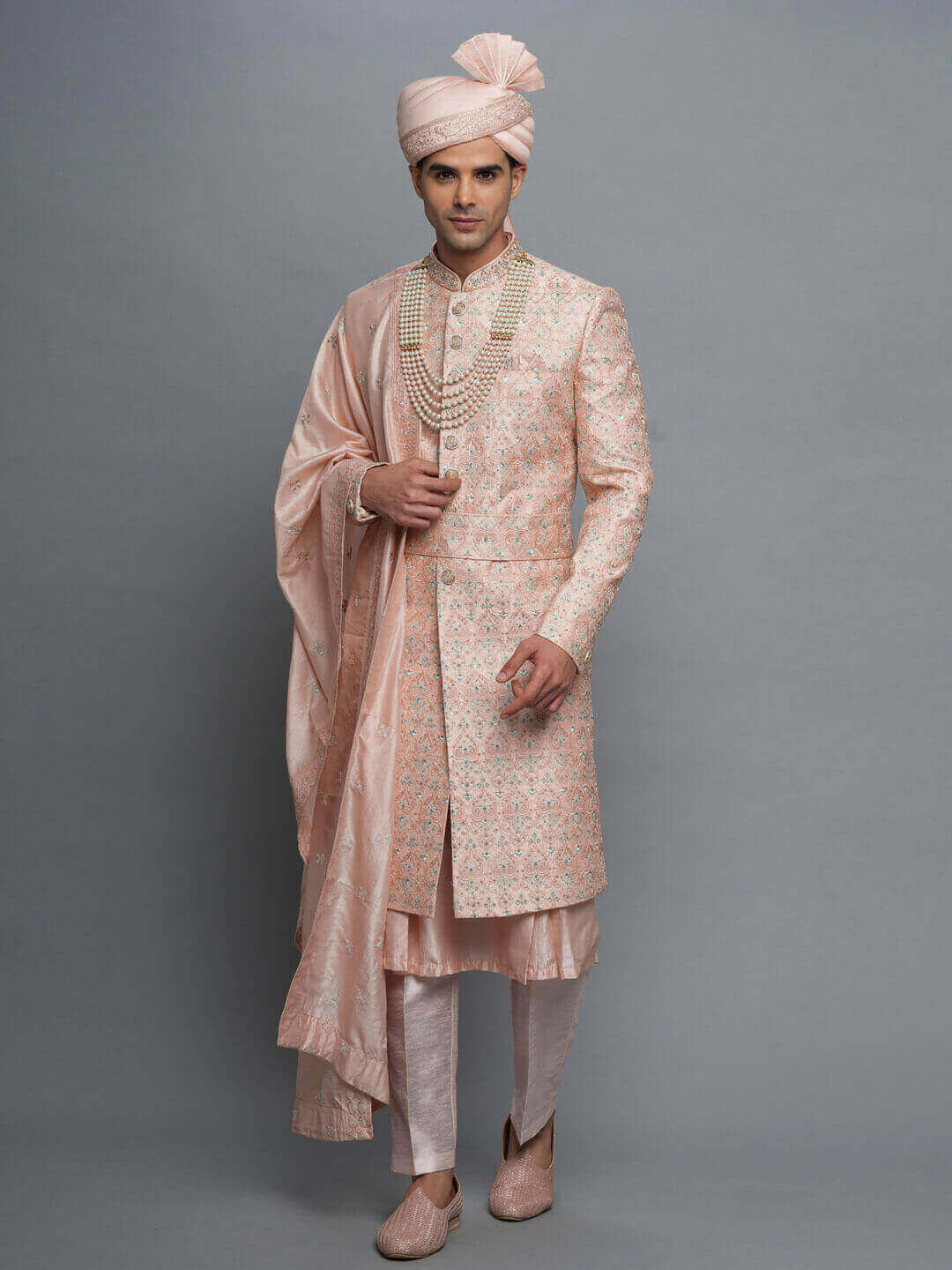 displaying image of Peach Heavy Embroidered Sherwani Anarkali Style