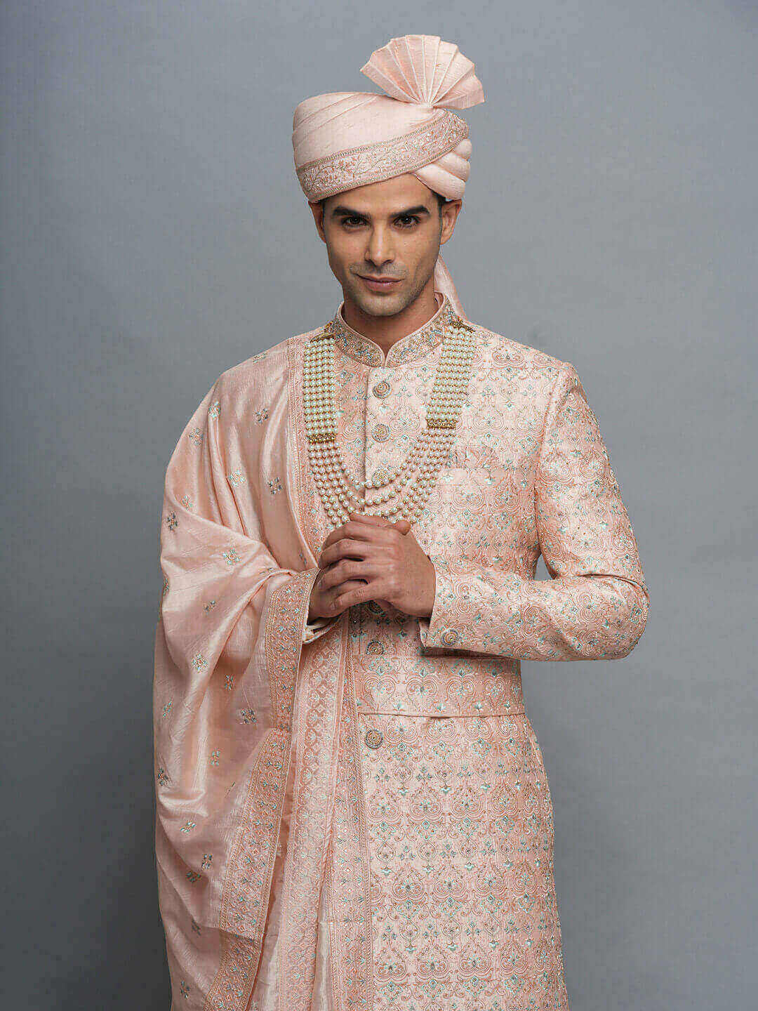 Peach Heavy Embroidered Sherwani Anarkali Style