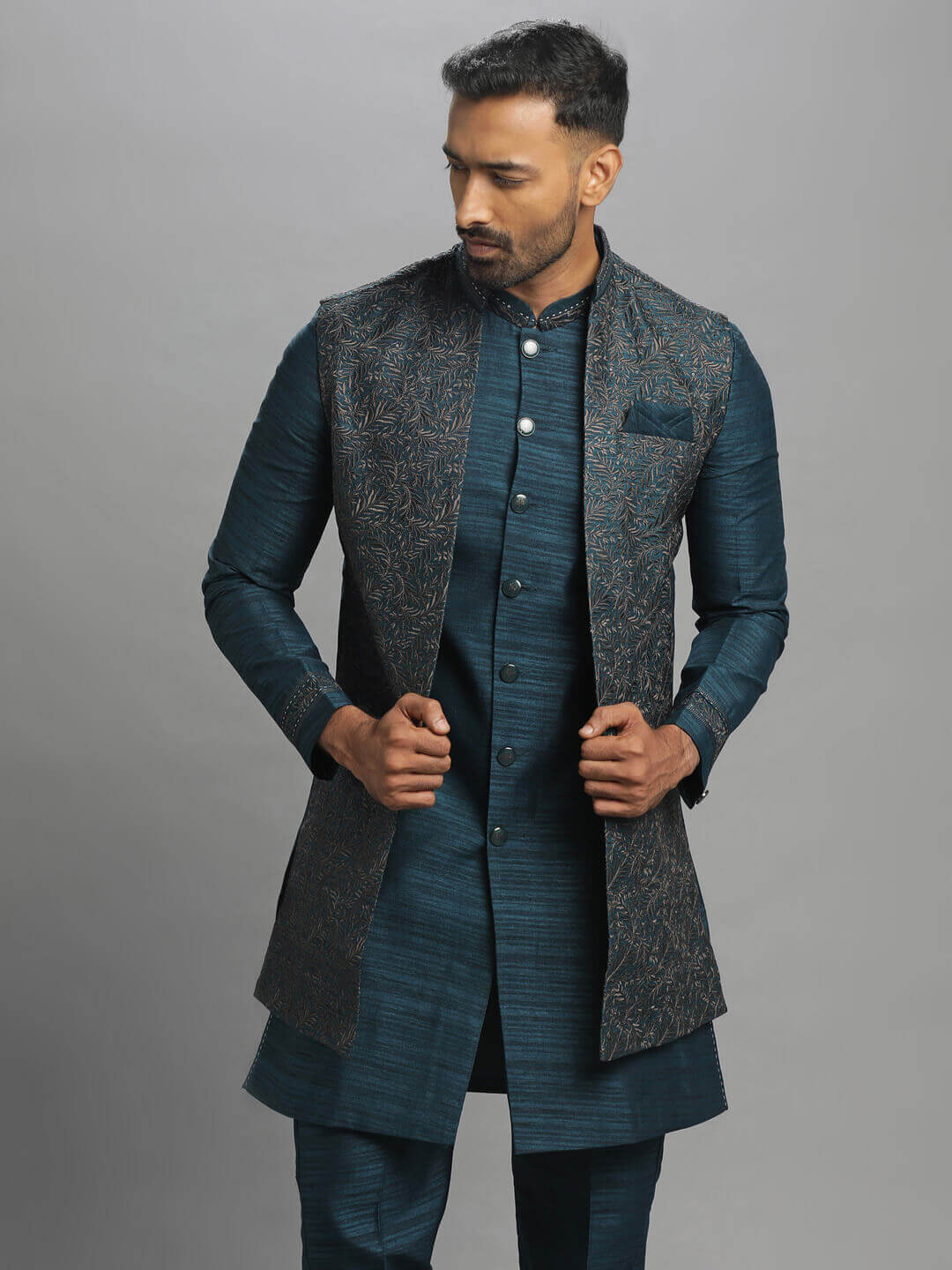 Peacock Blue Long Kurta Pyjama Bandi