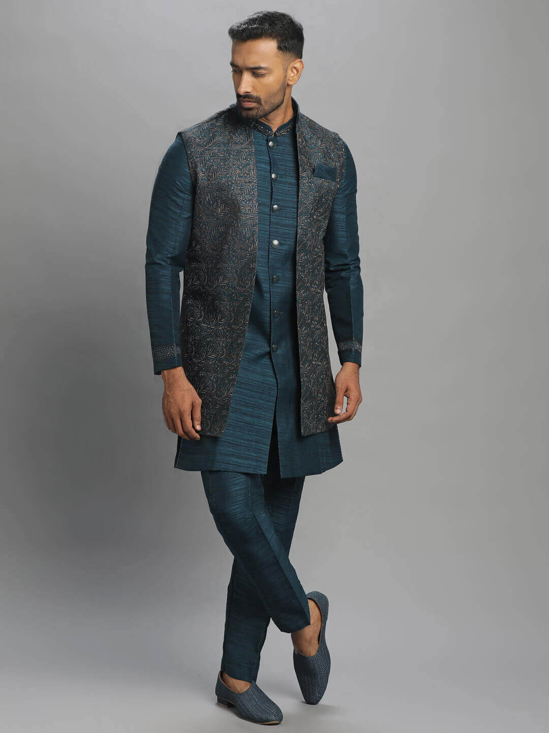 Peacock Blue Long Kurta Pyjama Bandi