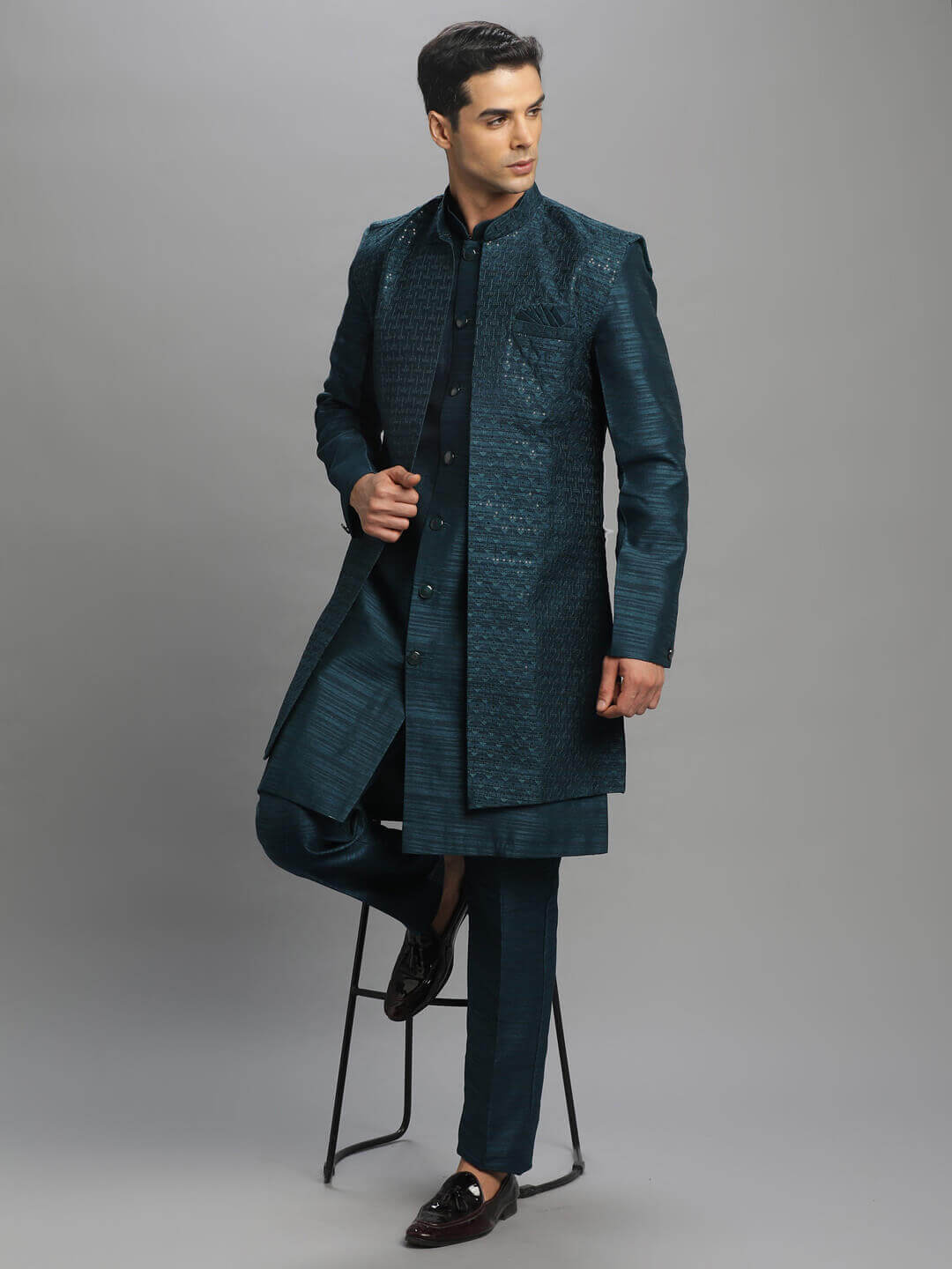 displaying image of Peacock Blue Shimmer Long Kurta Pyjama