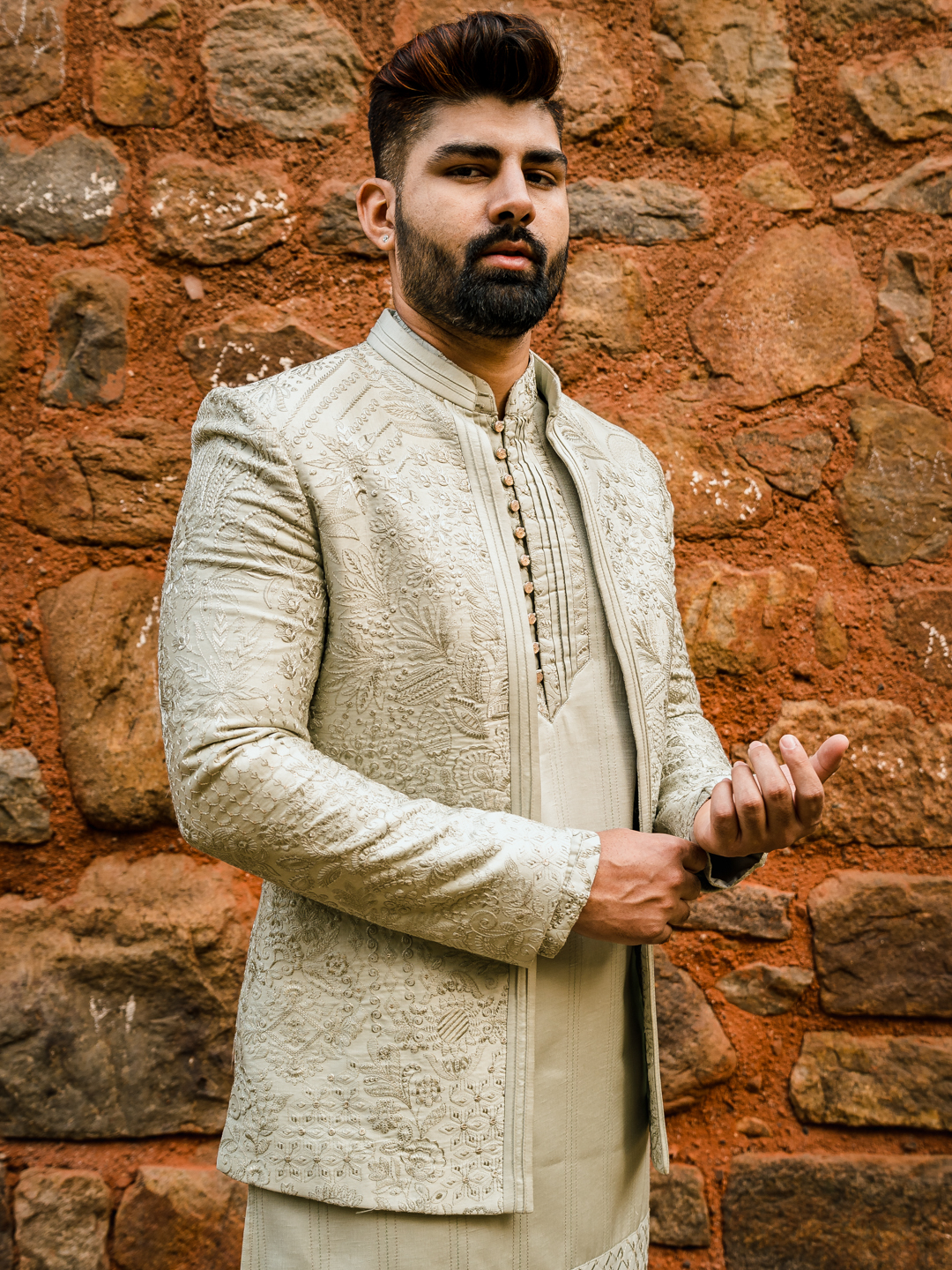 Pista Green Embroidered Kurta Bandgala Set