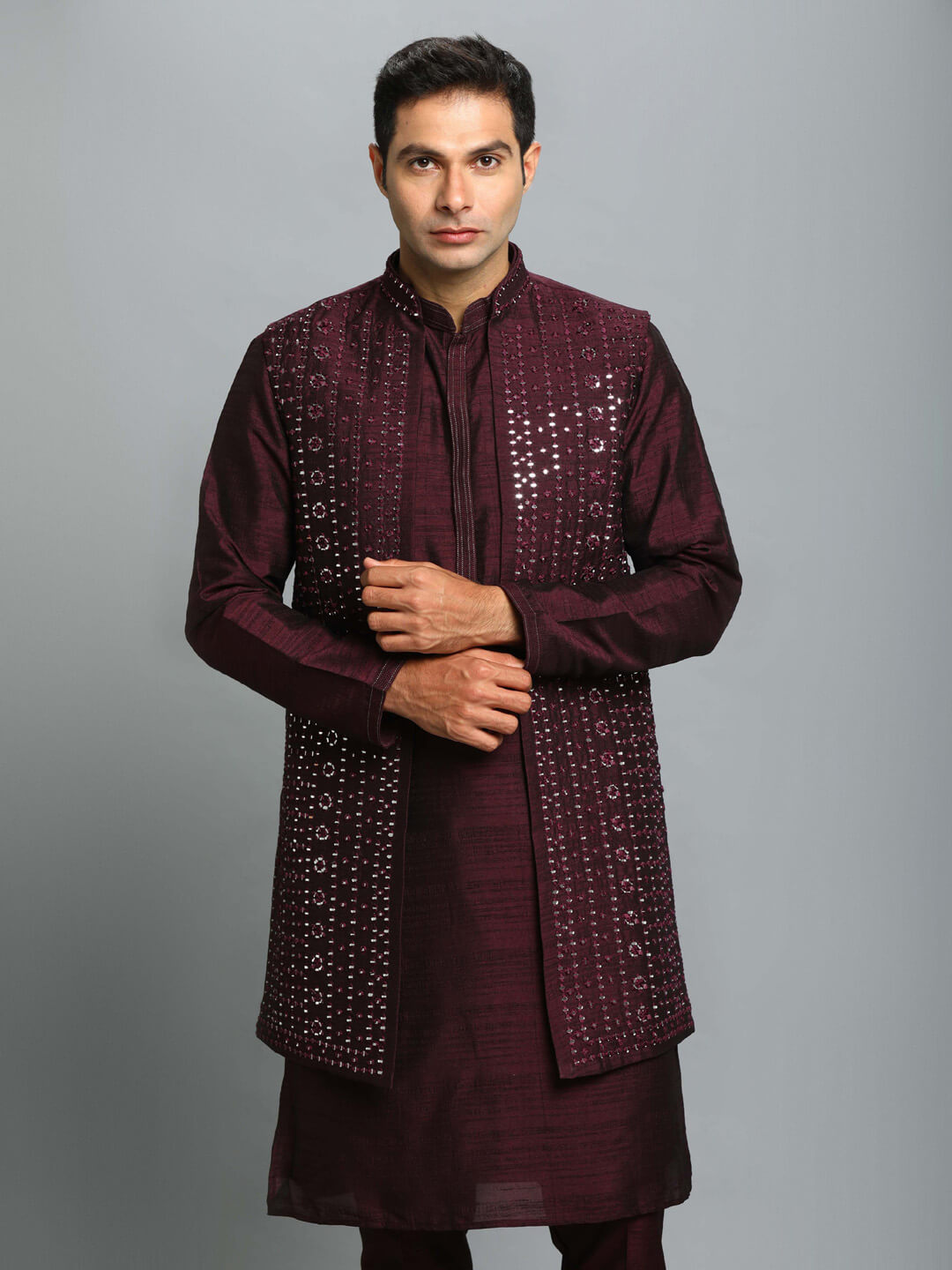 displaying image of Purple Mirror Kurta Pyjama Bandi