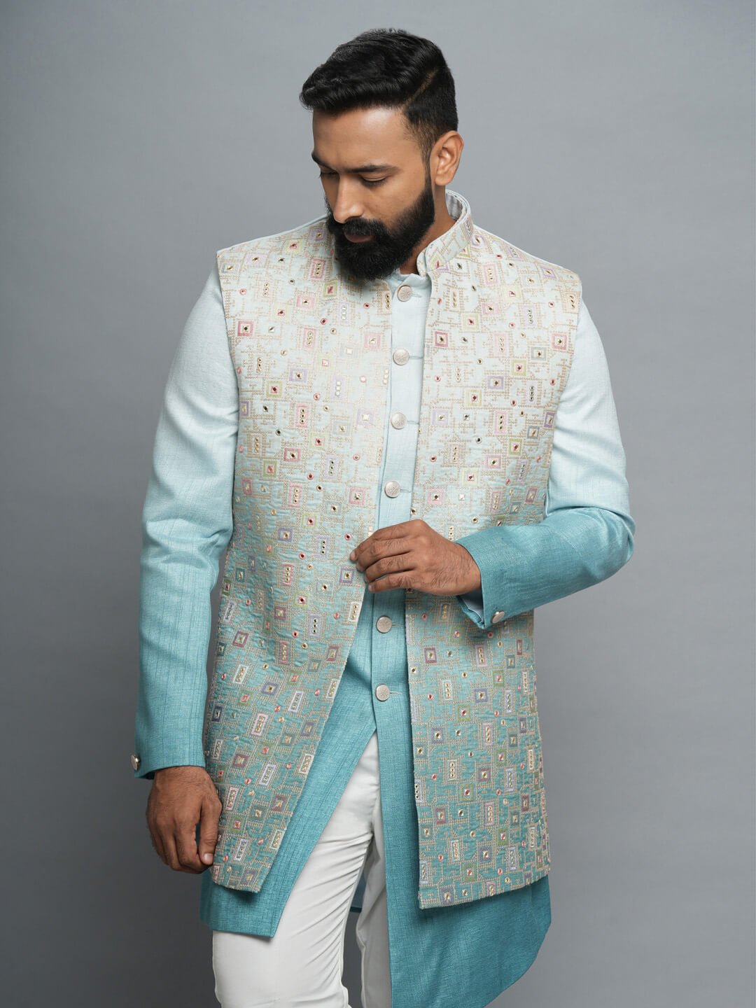 displaying image of Shaded Blue Kurta Pyjama Bandi Set
