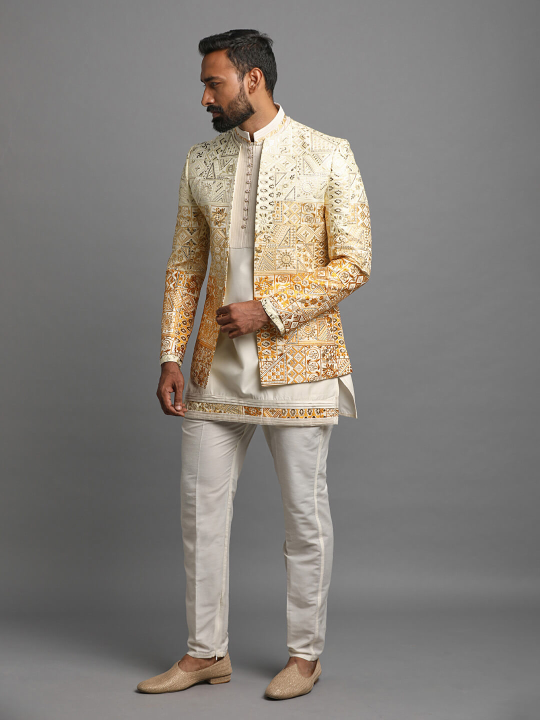 displaying image of Shaded Haldi Yellow Embroidered Classy Jodhpuri