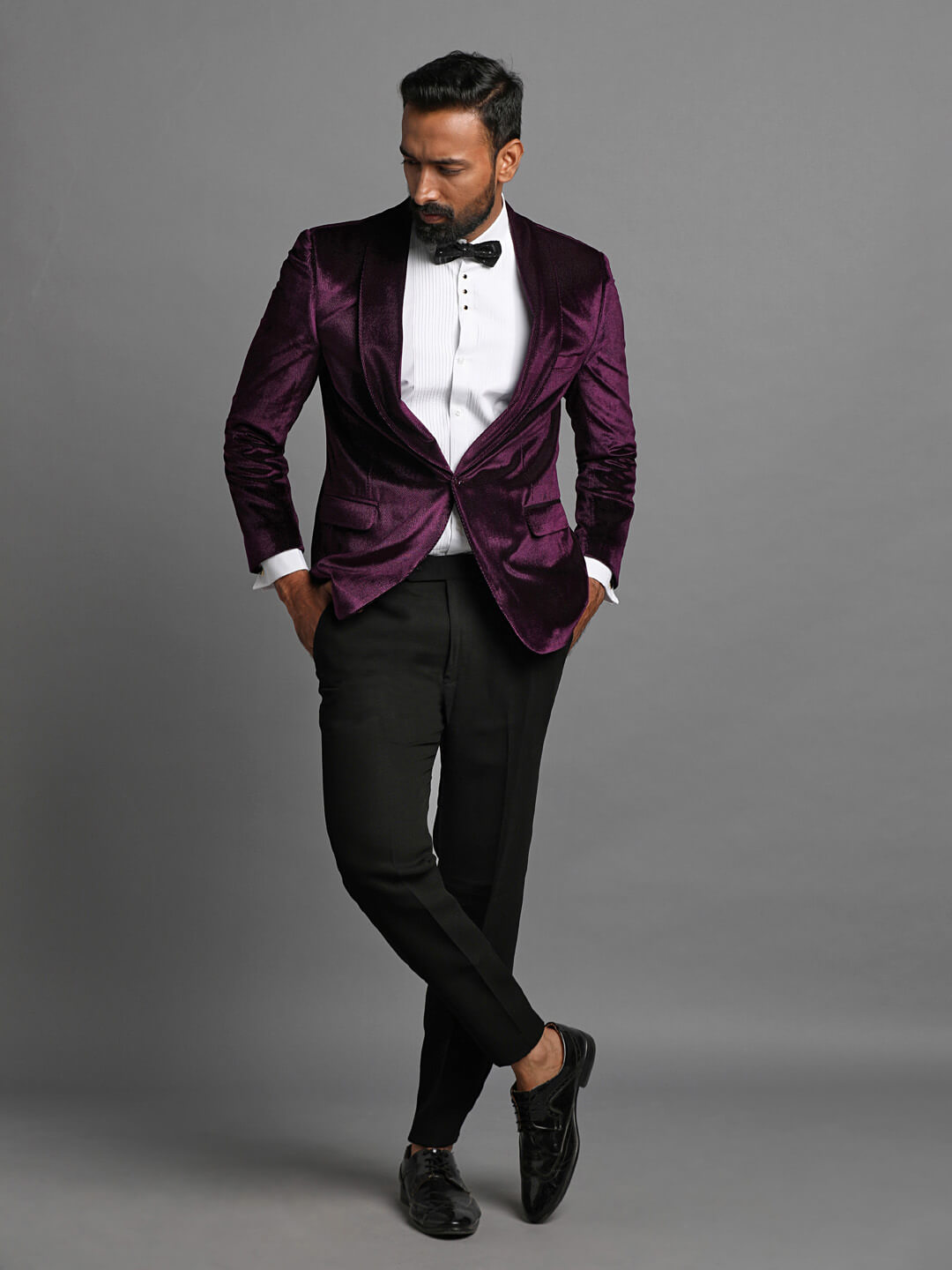 displaying image of Shiny Lavender Velvet Shawl Lapel Tux