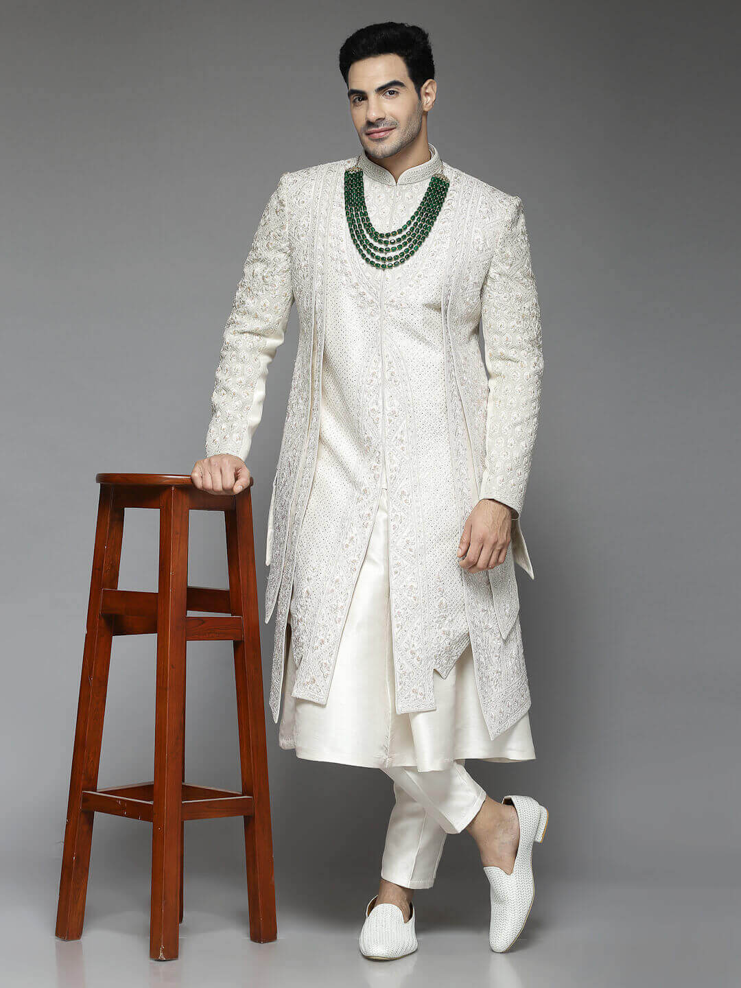 Silver Embroidered Groom Heavy Sherwani
