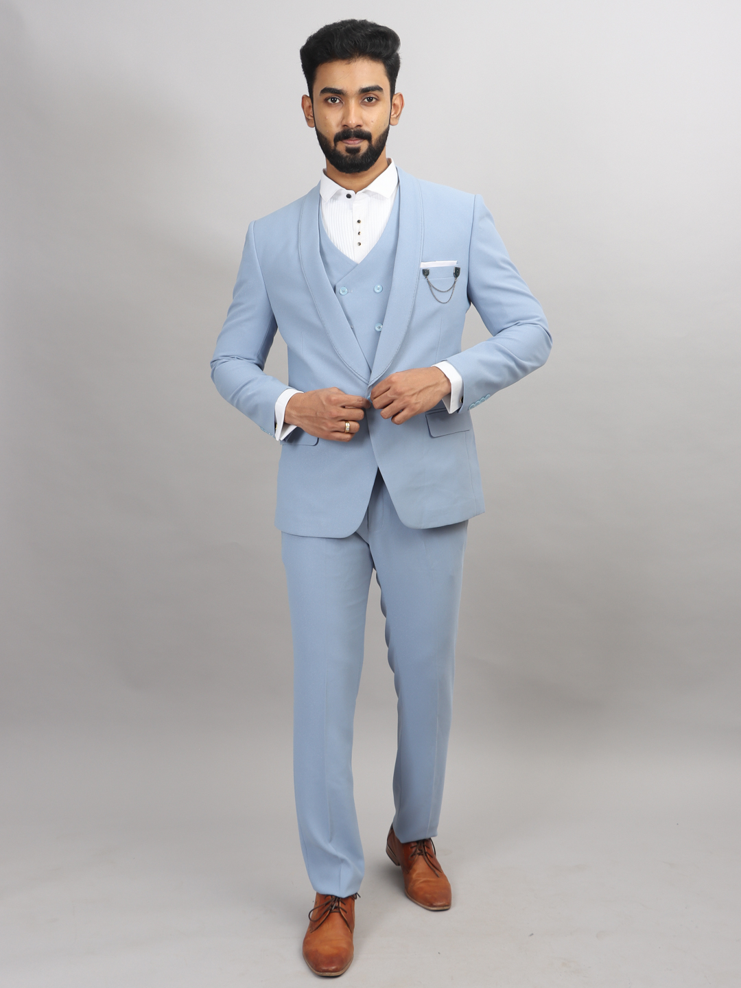 Sky Blue Shiny 3 Piece Suit