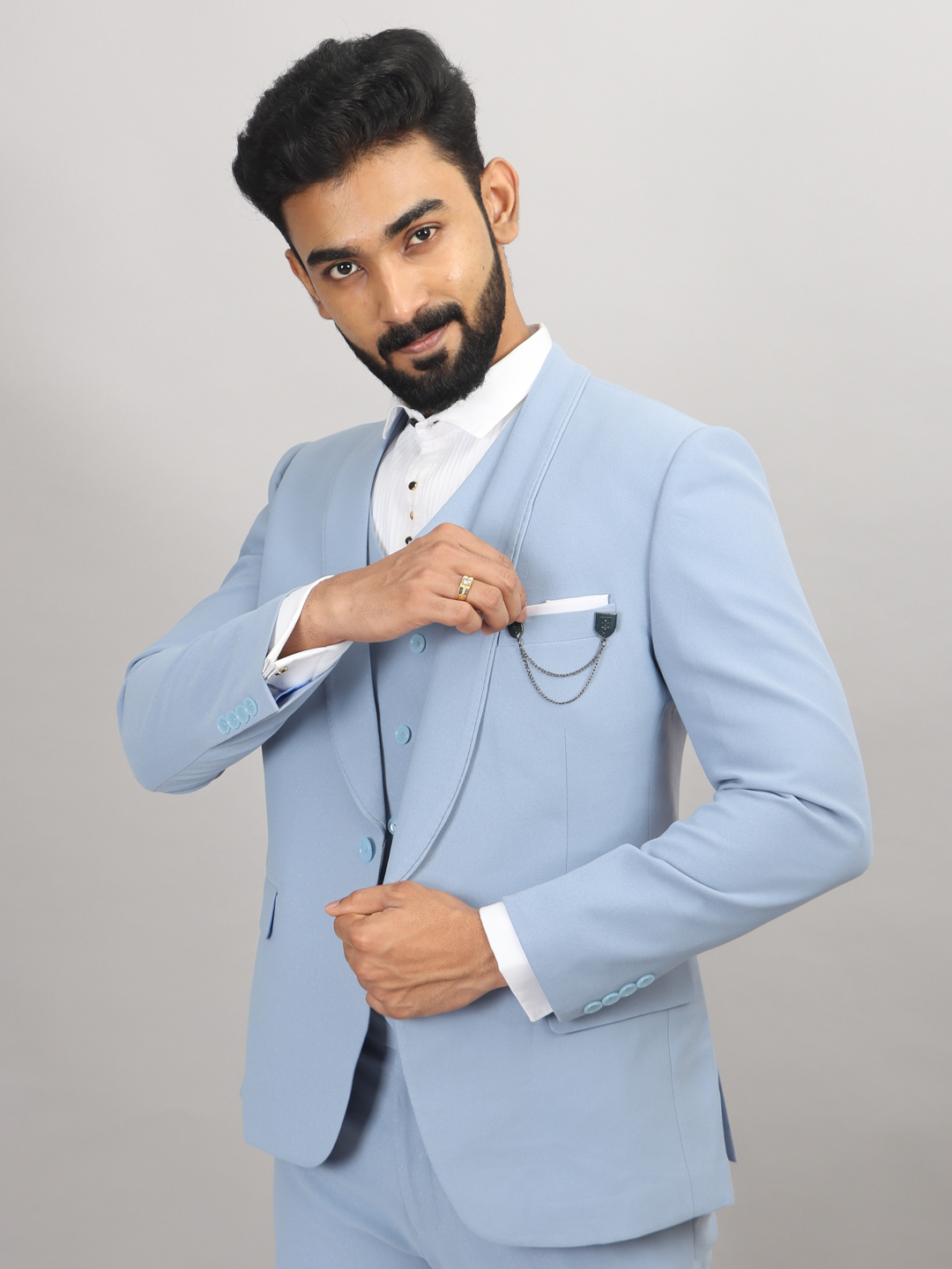 Sky Blue Shiny 3 Piece Suit
