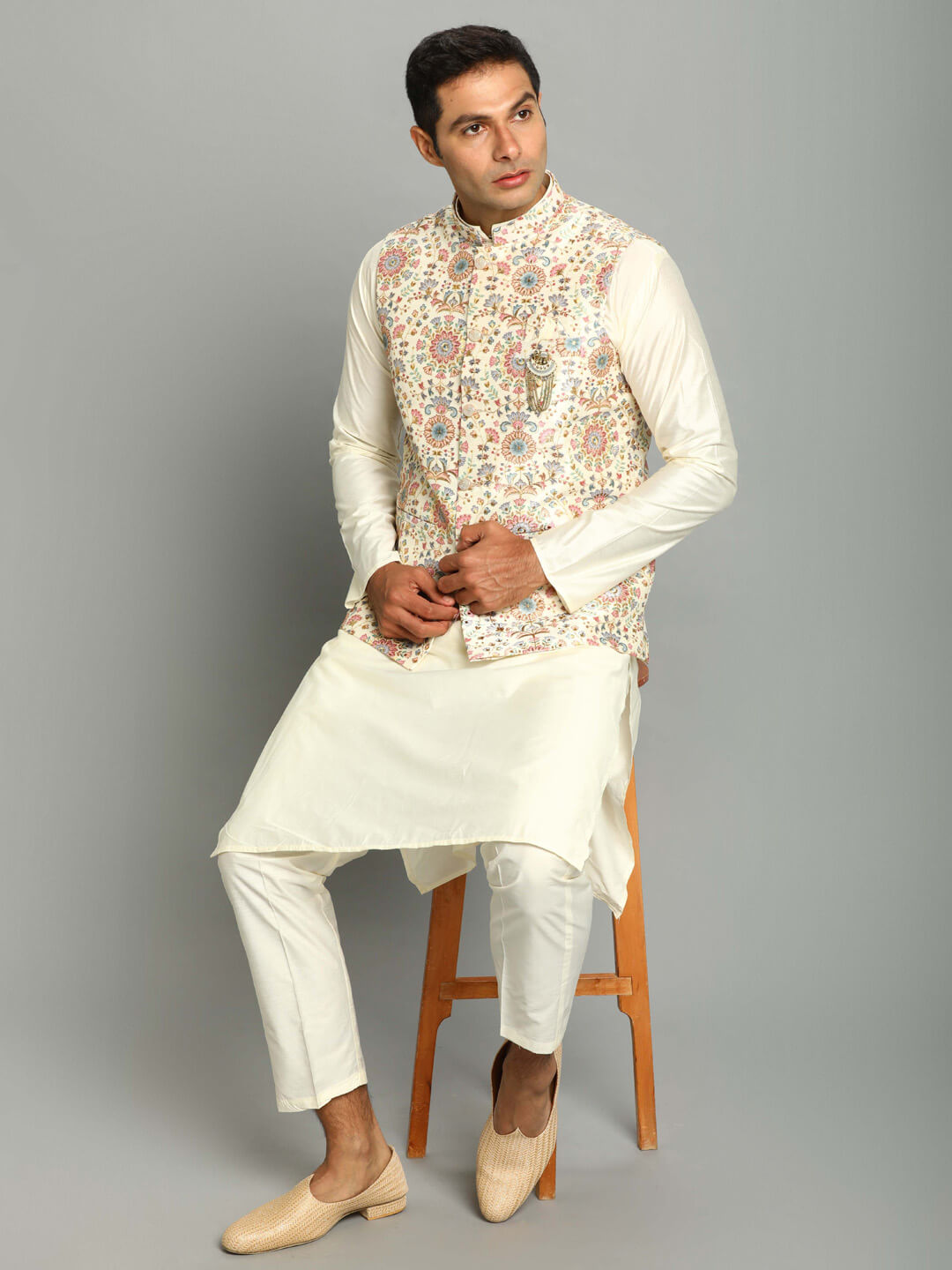 White Colored Floral Kurta Pyjama