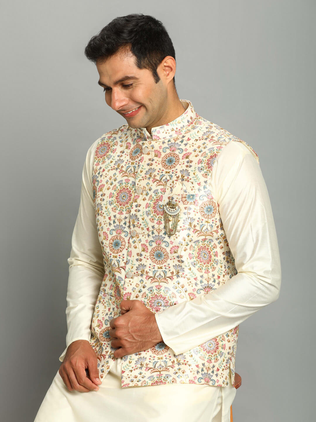 White Colored Floral Kurta Pyjama