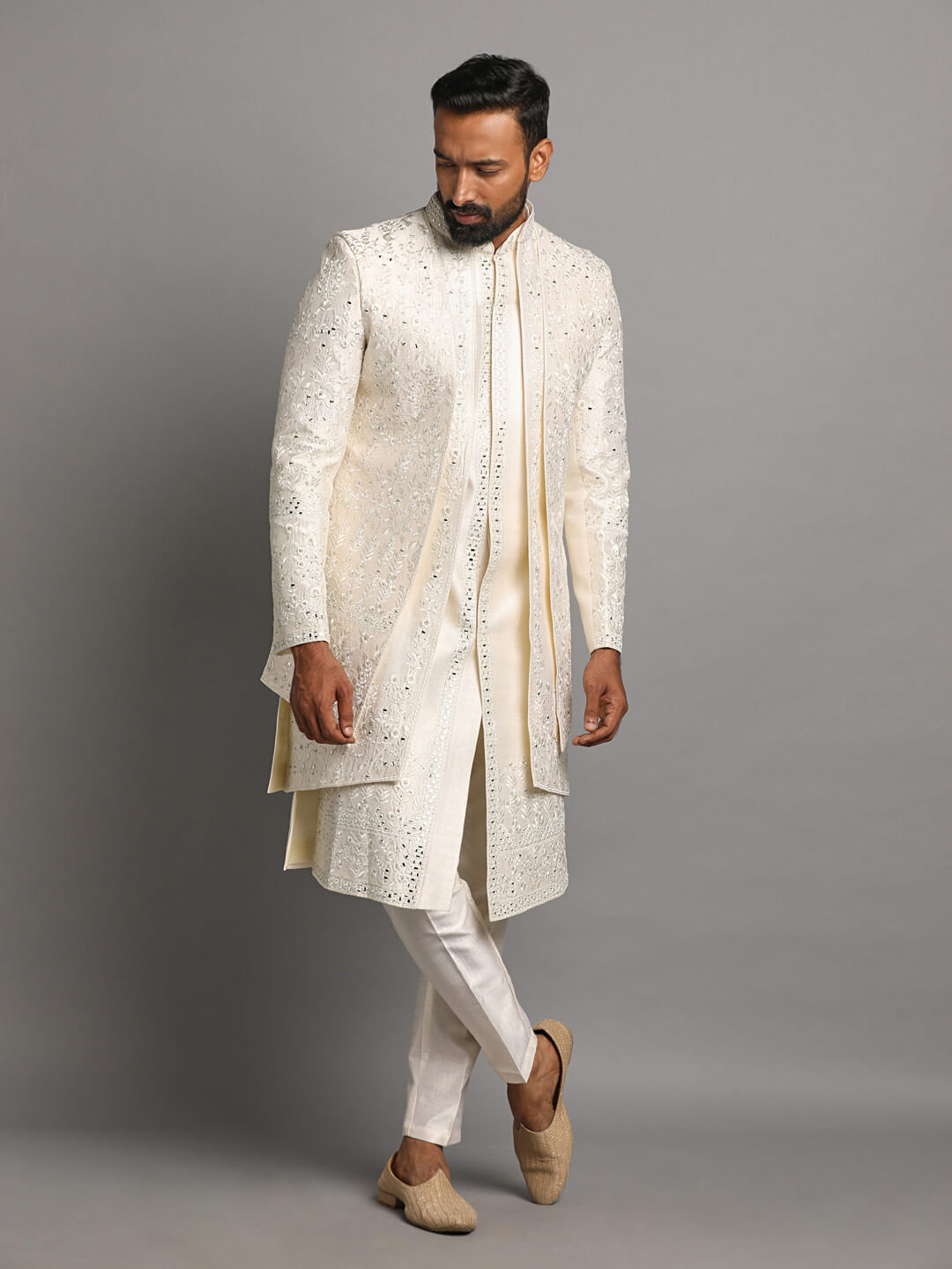 White Embroidered all over with mirror 3 Layer Jacket