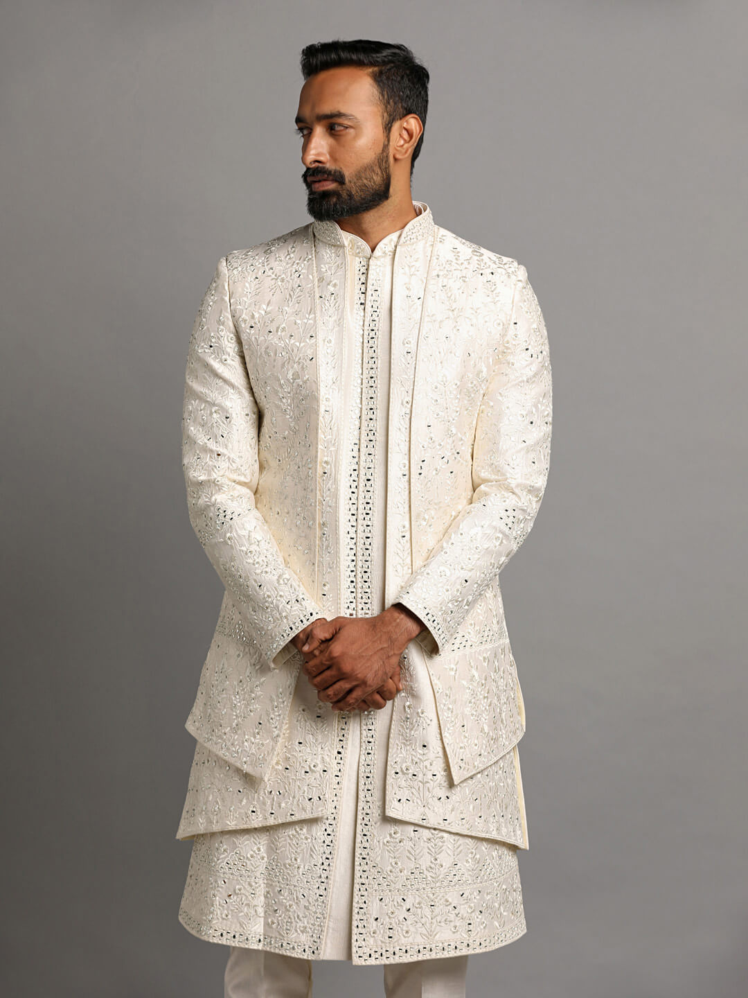 Candidmen: White Embroidered all over with mirror 3 Layer Jacket