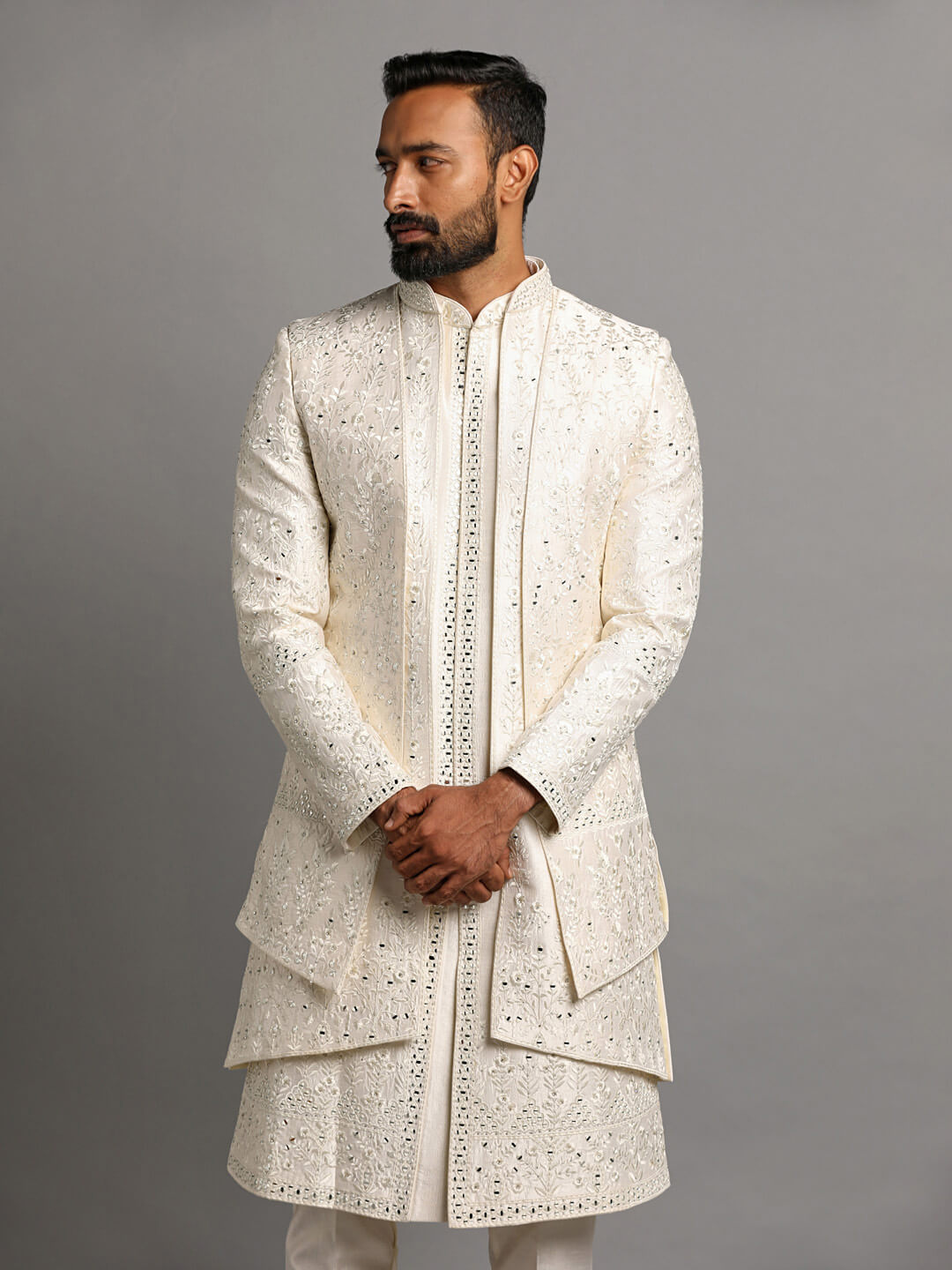 White Embroidered all over with mirror 3 Layer Jacket