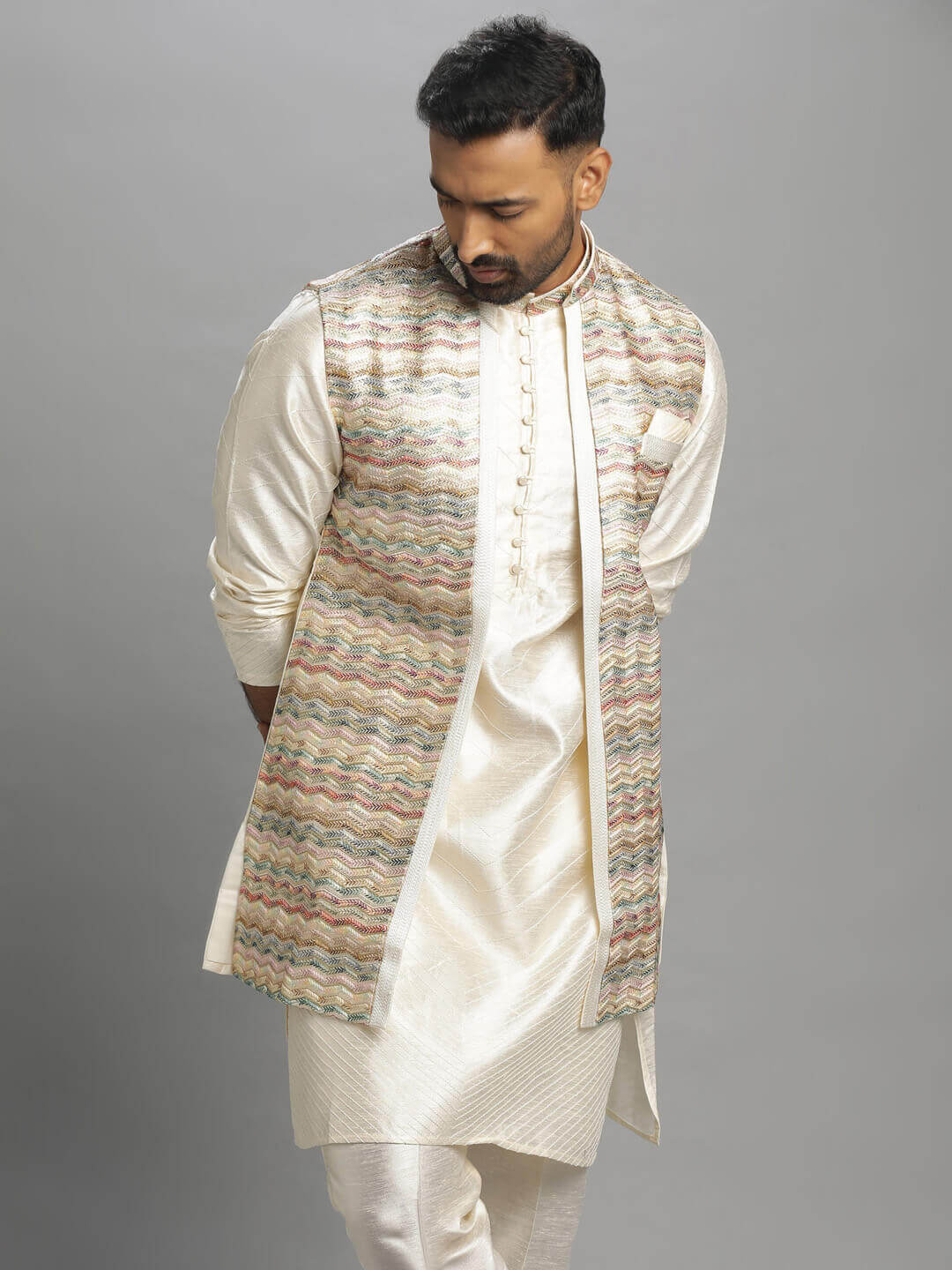 White Multi Waves Long Kurta Pyjama Bandi