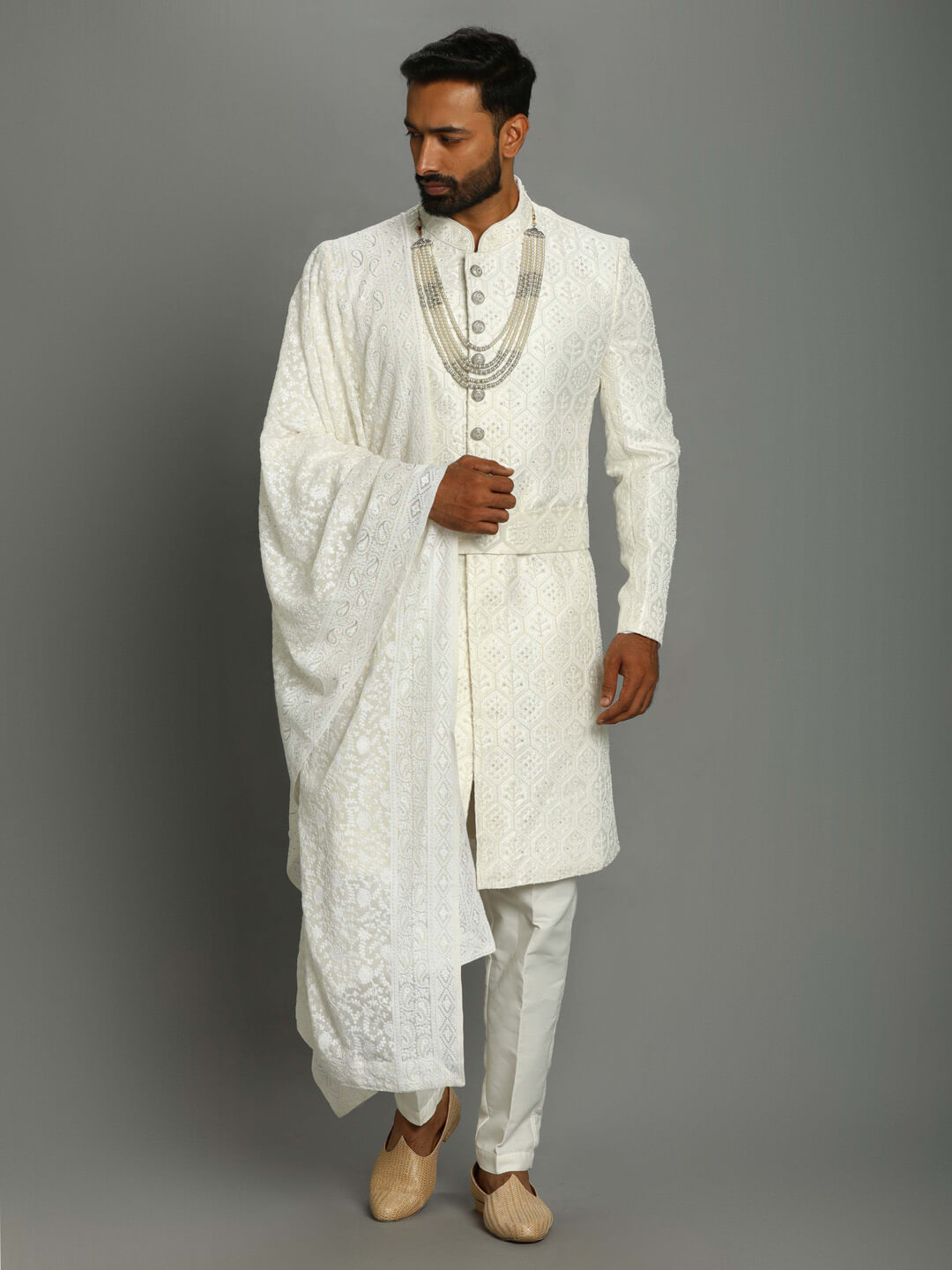 White Shiny Pure Heavy Groom Sherwani