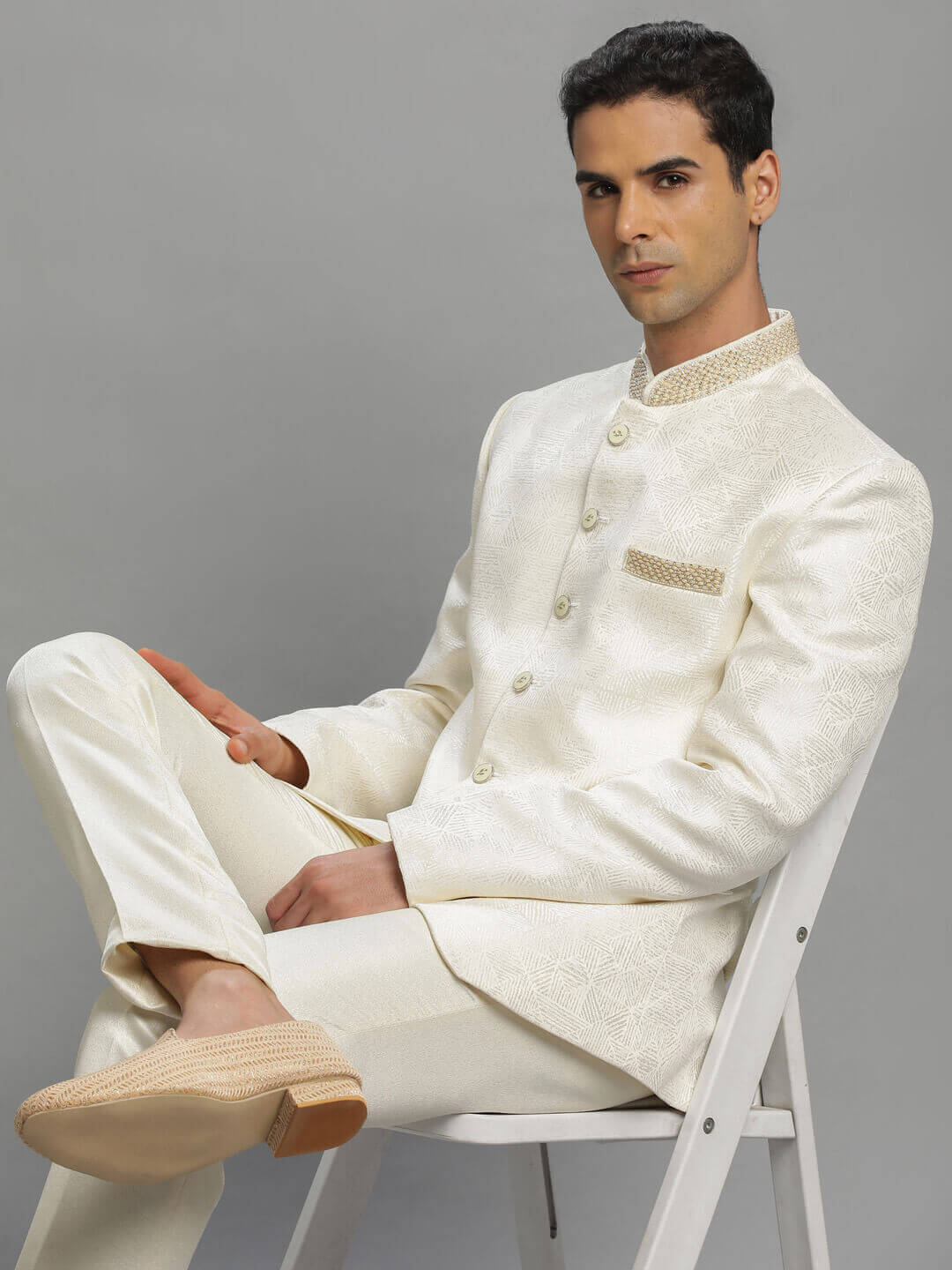 displaying image of White Sober Collar Embroidered Jodhpuri