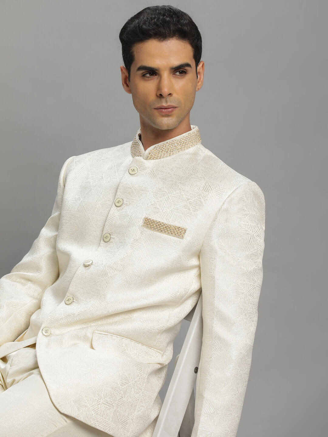 White Sober Collar Embroidered Jodhpuri