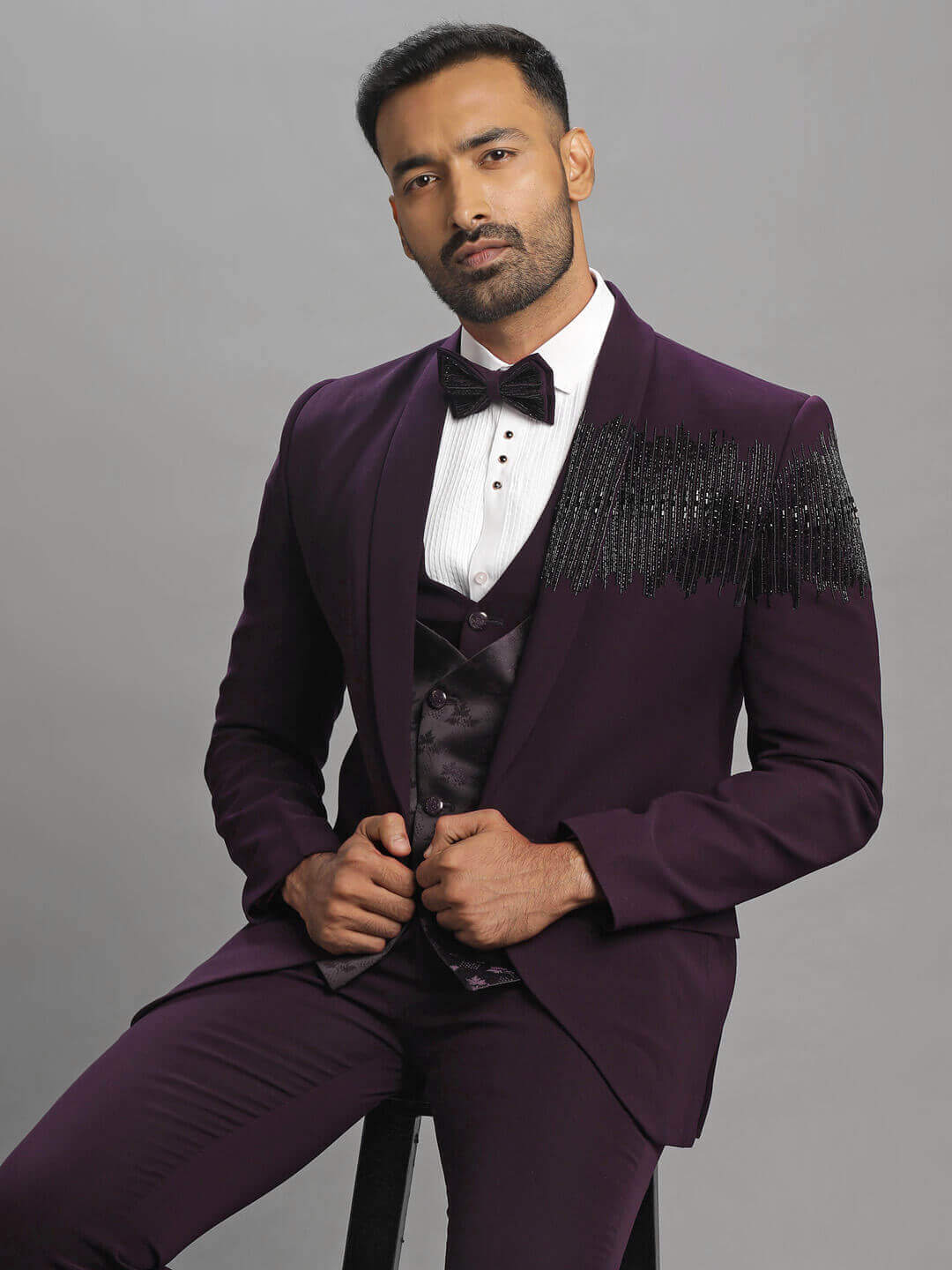 Wine 3 Piece Suit Stylish Black Embroidery