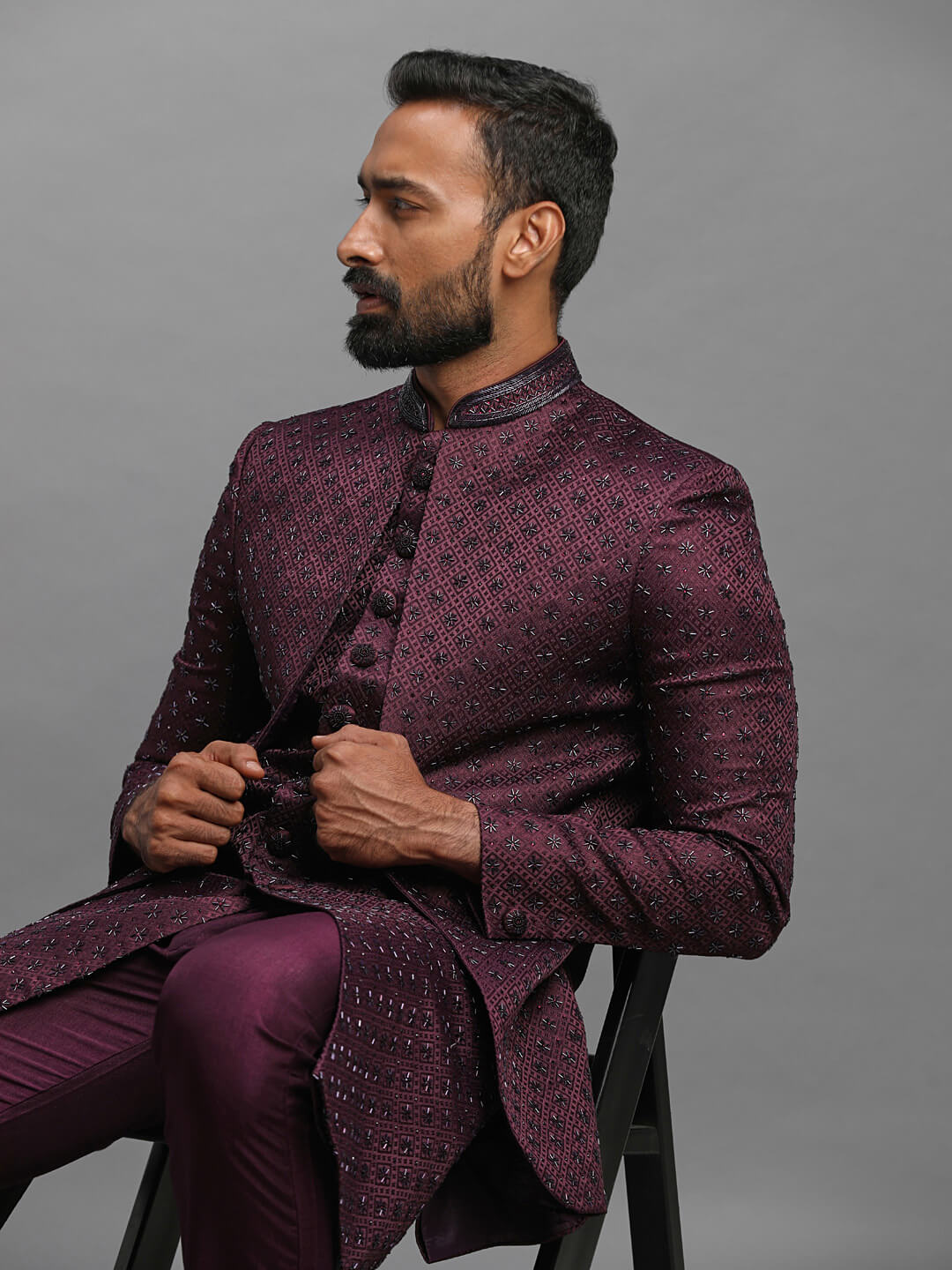 displaying image of Wine Heavy Embellished Jacket Style Sherwani
