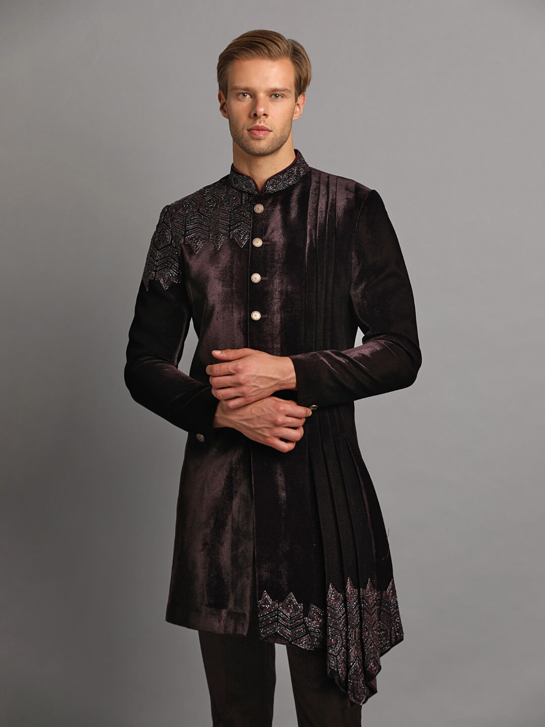 Wine Velvet Embellished Designer Long Tail Sherwani