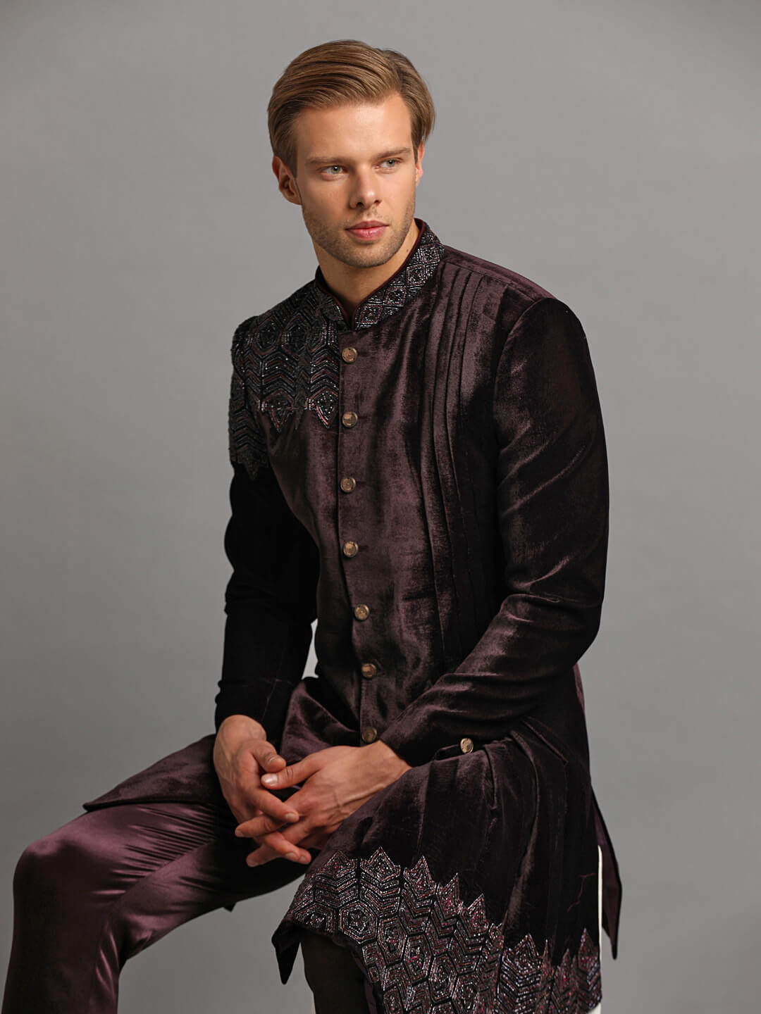Wine Velvet Embellished Designer Long Tail Sherwani