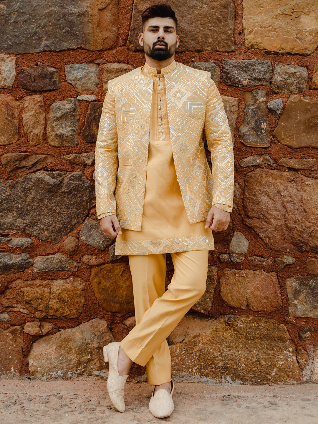 Yellow Embroidered Heavy Bandgala Kurta Set