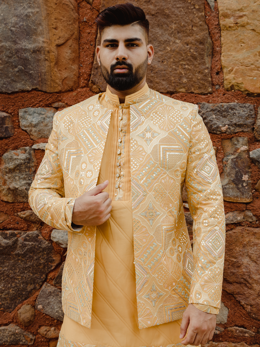 Yellow Embroidered Heavy Bandgala Kurta Set