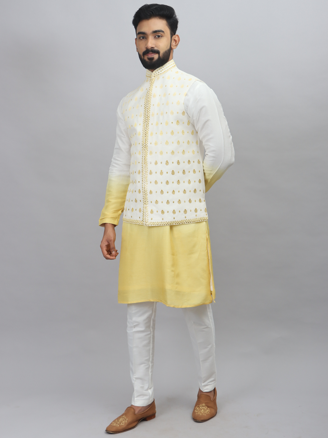 Yellow White Ombre Kurta Bandi Set